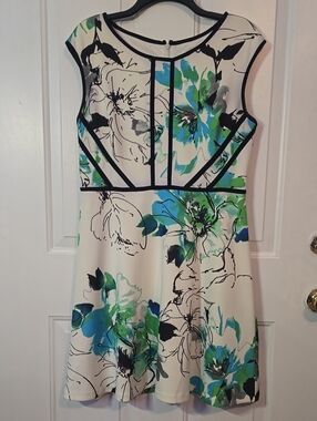 Floral Fit & Flare Dress in White with Blue & Green Accents (10)